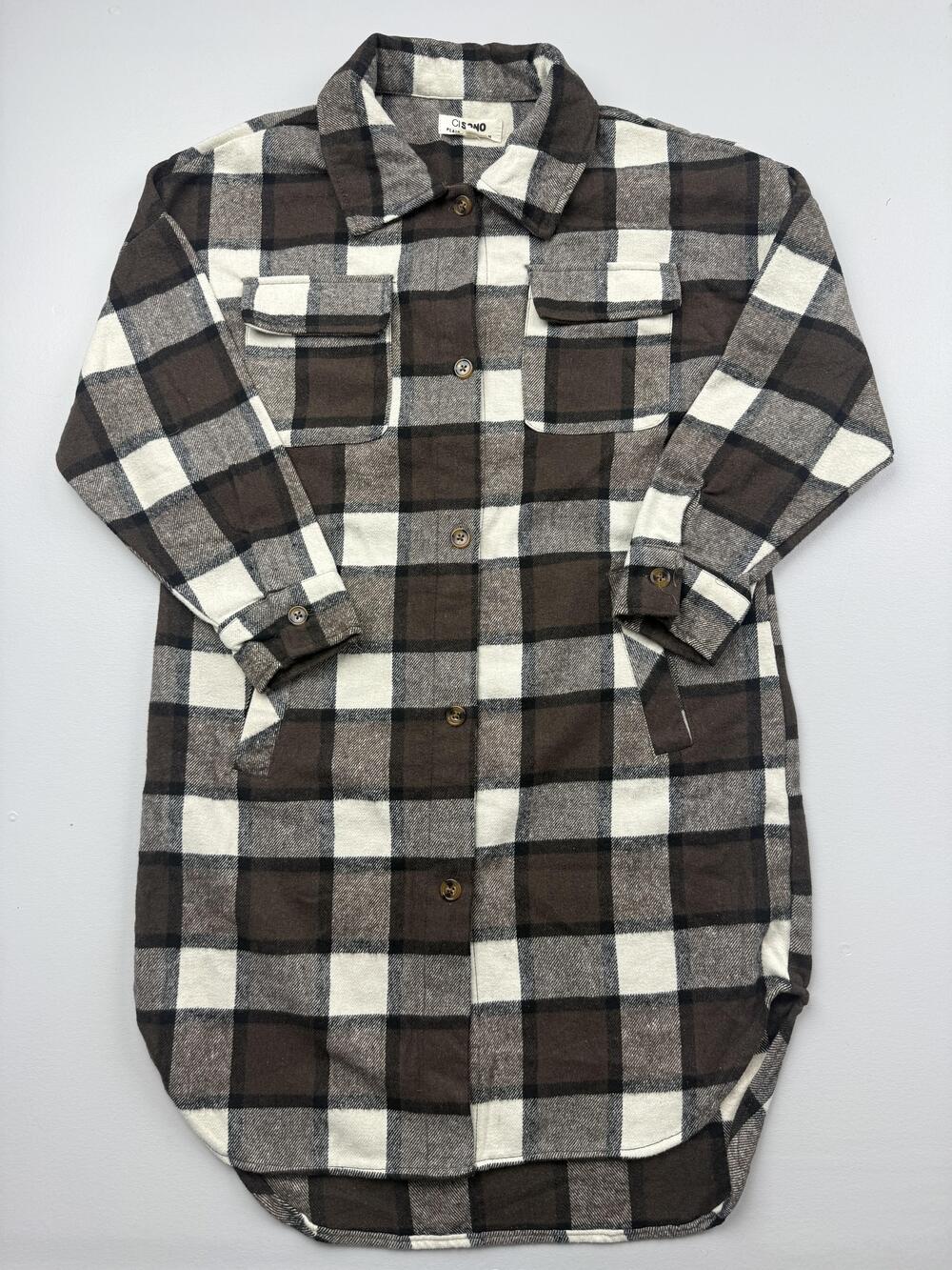 CI SONO Jacket Womens Large Brown Plaid Flannel Button Front Pockets Shacket